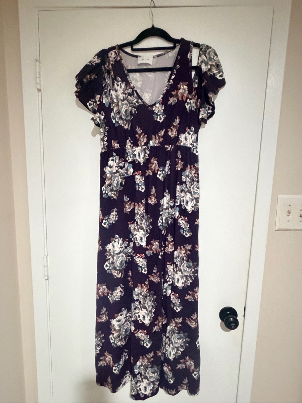 French Grey Plum Floral V-Neck Maxi Dress